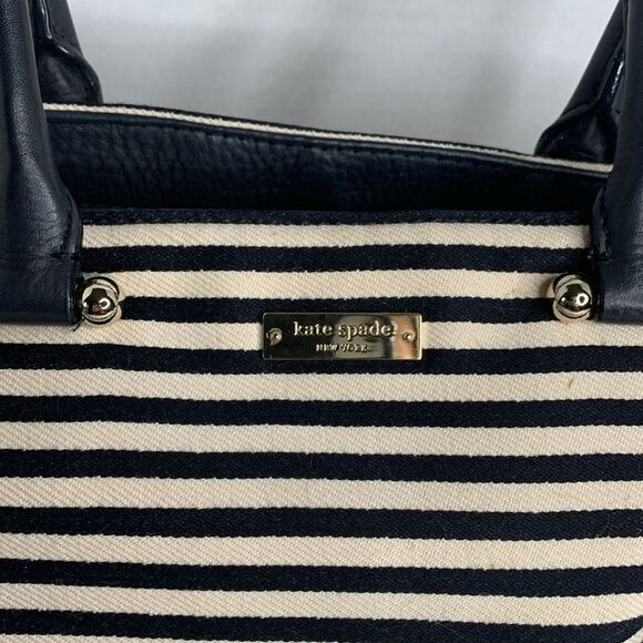 Kate Spade black/white striped canvas leather satchel bag - Picture 2 of 9
